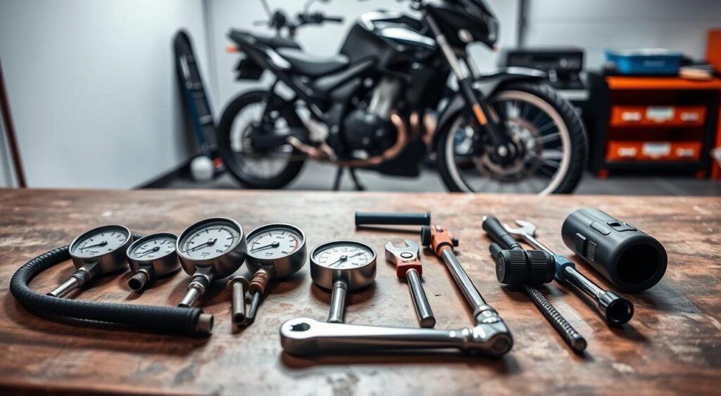 A well-organized workbench in a clean, well-lit garage. On the surface, an array of motorcycle maintenance tools arranged neatly: tire pressure gauges, screwdrivers, wrenches, and a torque wrench. In the background, a motorcycle stands ready for calibration, its tires gleaming. Soft shadows cast by a diffused overhead light create a sense of depth and focus. The scene conveys a sense of preparedness and attention to detail, perfectly suited for the "Preparação e Ferramentas Necessárias" section of the article. A well-organized workbench in a clean, well-lit garage. On the surface, an array of motorcycle maintenance tools arranged neatly: tire pressure gauges, screwdrivers, wrenches, and a torque wrench. In the background, a motorcycle stands ready for calibration, its tires gleaming. Soft shadows cast by a diffused overhead light create a sense of depth and focus. The scene conveys a sense of preparedness and attention to detail, perfectly suited for the "Preparação e Ferramentas Necessárias" section of the article.